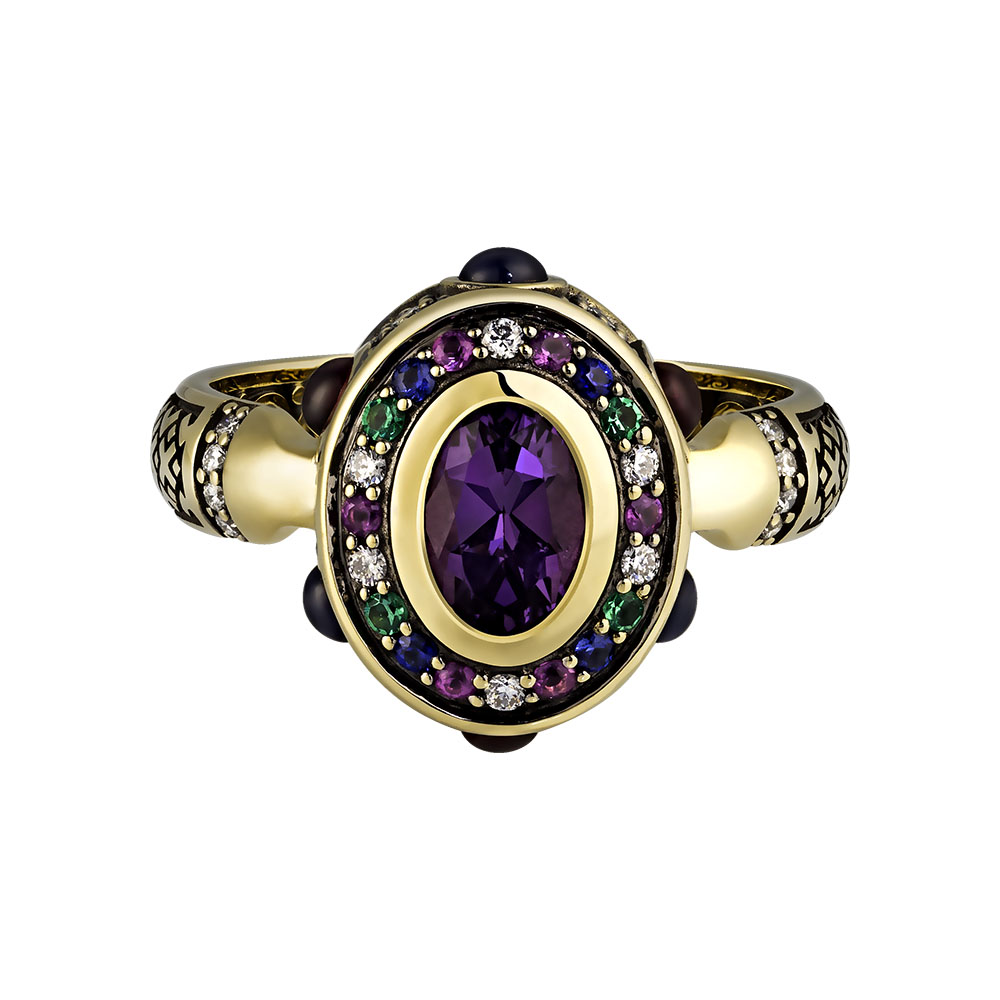 Золотое кольцо с аметистом 1,664 карата и драгоценными камнями